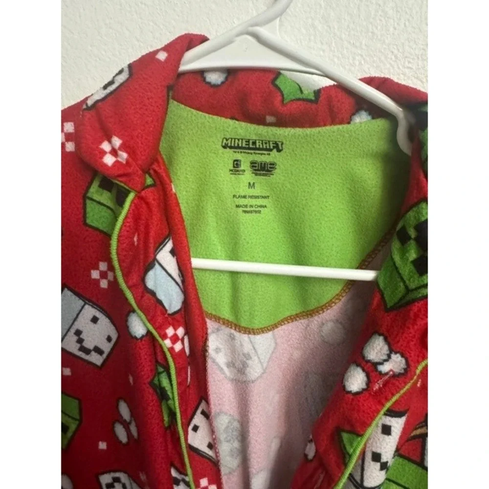 Minecraft Kids Red Fleece Pajama Set Creeper Snow Golem Button Down Size M